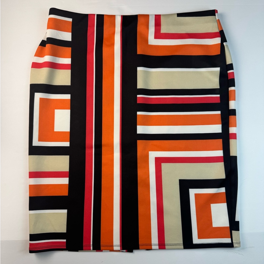 Women’s NYC Bold Geometric midi Pencil Skirt - Orange, Black, Cream size large